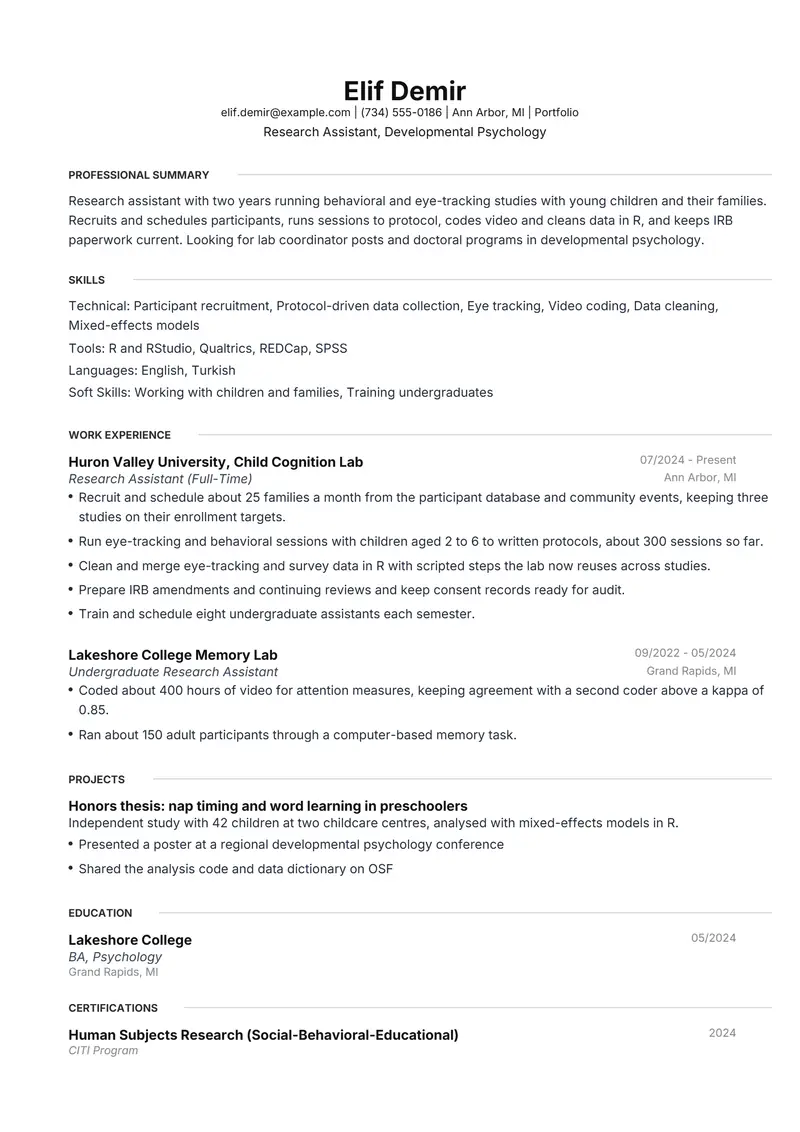 Research Assistant resume template sample in Meridian, page 1: fictional Research Assistant, Developmental Psychology