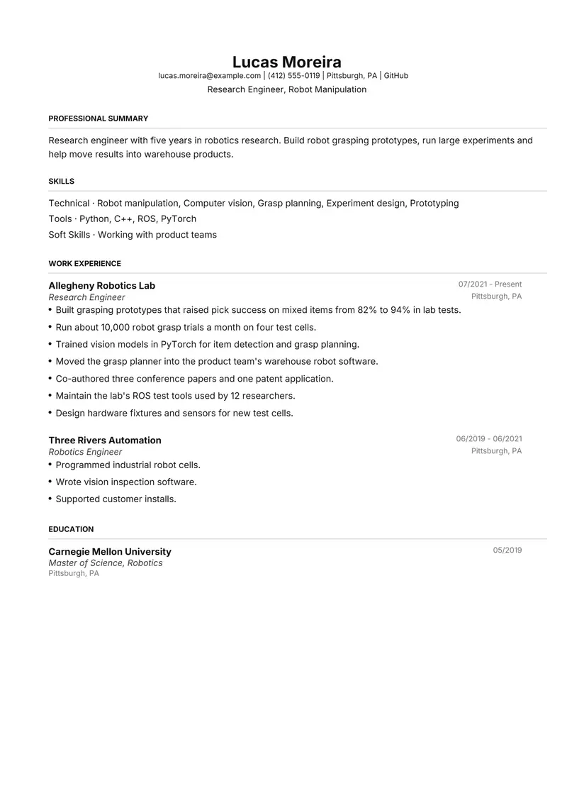 Research Engineer resume template sample in FAANGPath, page 1: fictional Research Engineer, Robot Manipulation