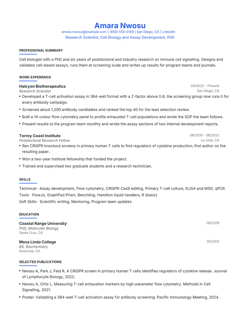 Research Scientist resume template sample in Leslie, page 1: fictional Research Scientist, Cell Biology and Assay Development, PhD