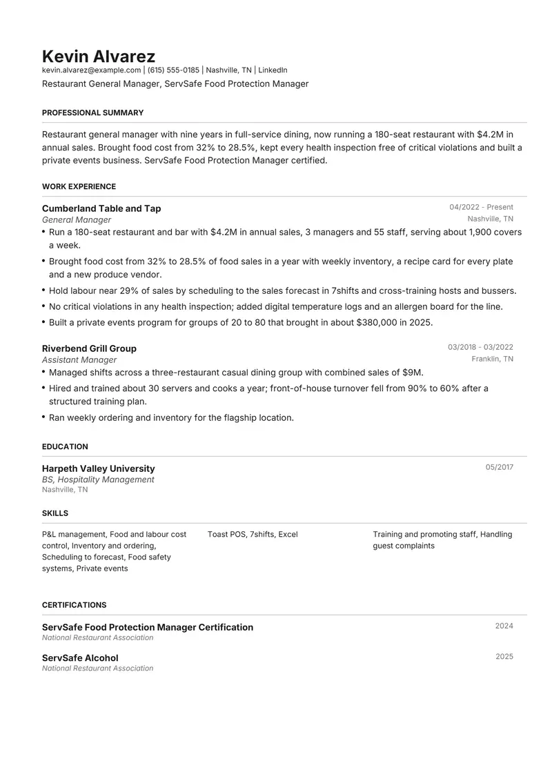 Restaurant Manager resume template sample in Henrietta, page 1: fictional Restaurant General Manager, ServSafe Food Protection Manager