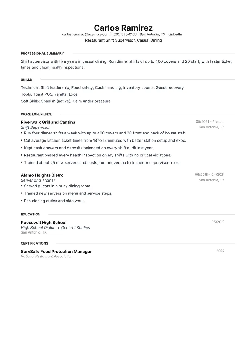 Restaurant Shift Supervisor resume template sample in Meridian, page 1: fictional Restaurant Shift Supervisor, Casual Dining