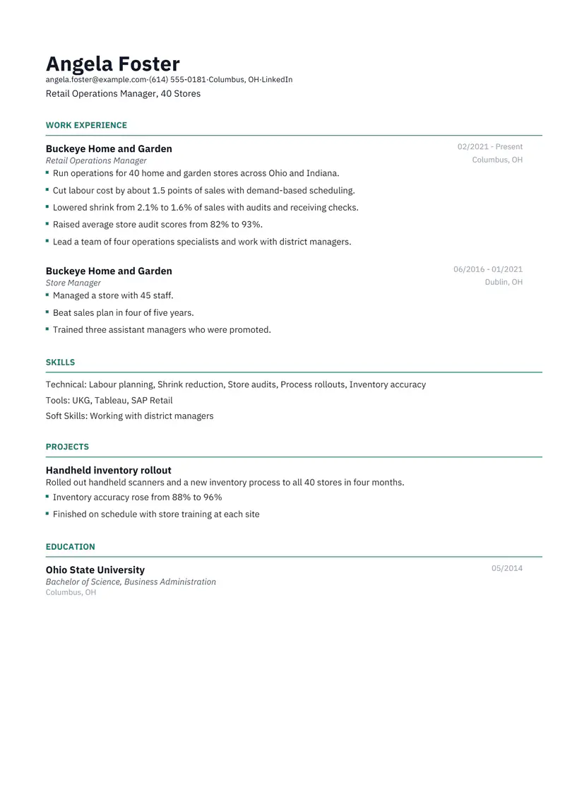 Retail Operations Manager resume template sample in Catalyst, page 1: fictional Retail Operations Manager, 40 Stores