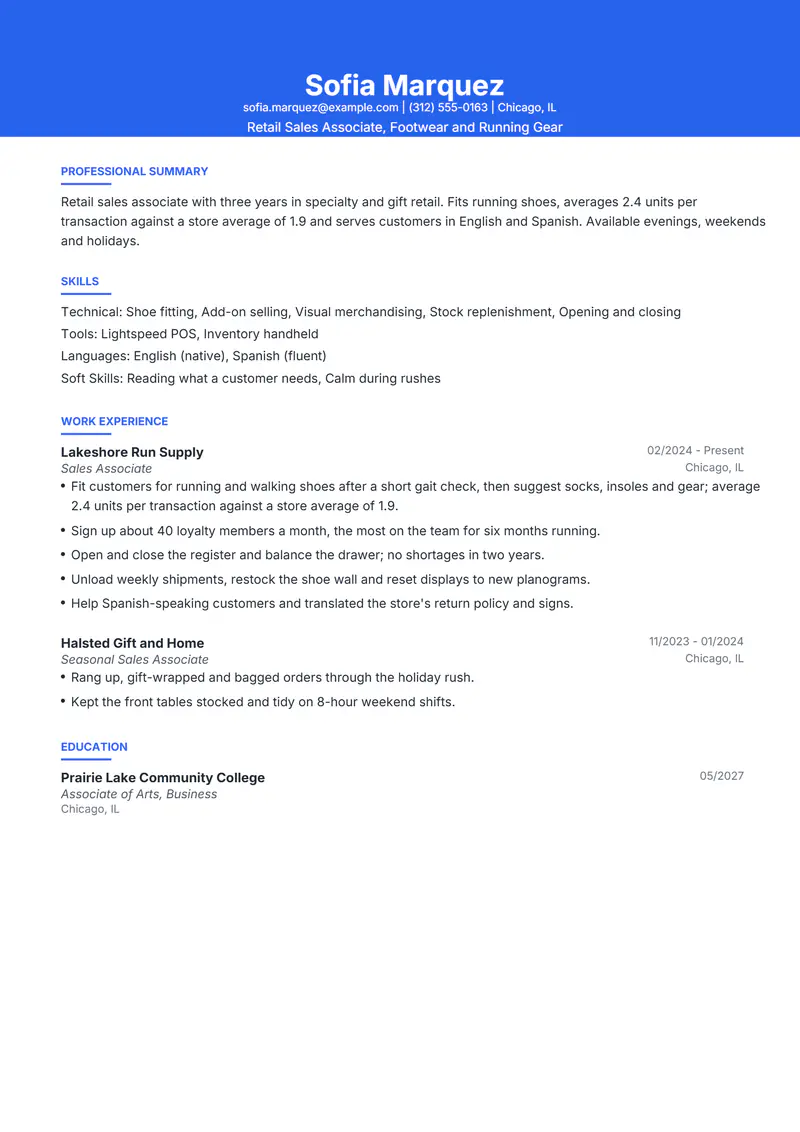 Retail Sales Associate resume template sample in Olivia, page 1: fictional Retail Sales Associate, Footwear and Running Gear