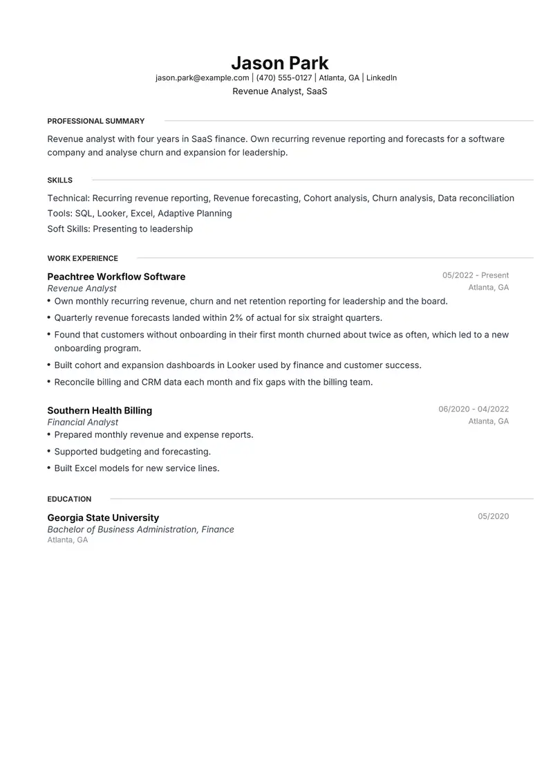 Revenue Analyst resume template sample in Meridian, page 1: fictional Revenue Analyst, SaaS