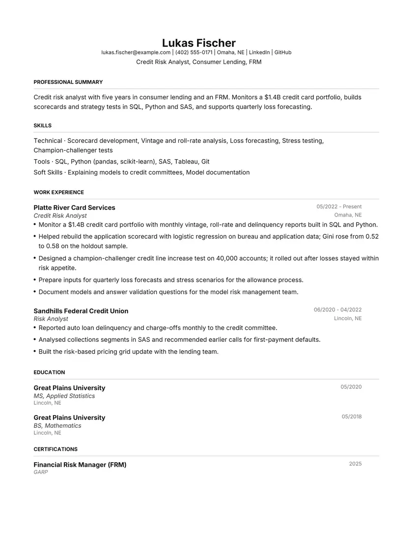 Risk Analyst resume template sample in FAANGPath, page 1: fictional Credit Risk Analyst, Consumer Lending, FRM