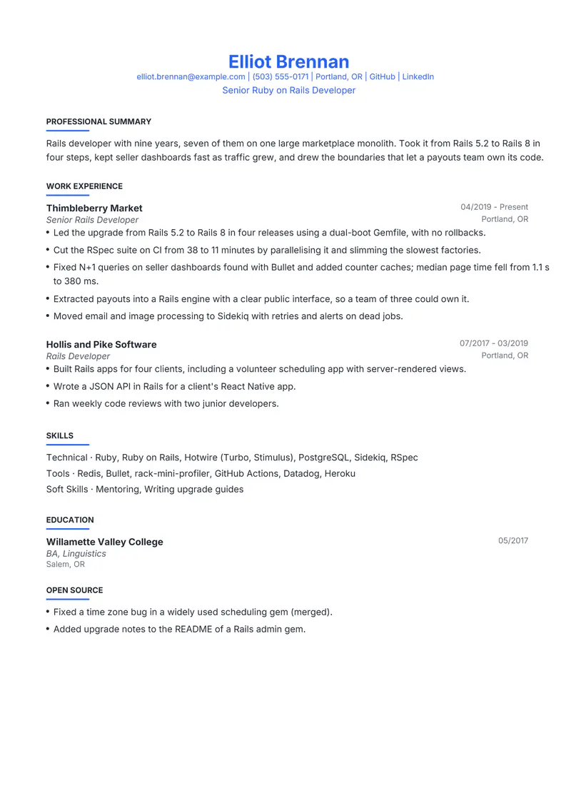 Ruby Developer resume template sample in Leslie, page 1: fictional Senior Ruby on Rails Developer