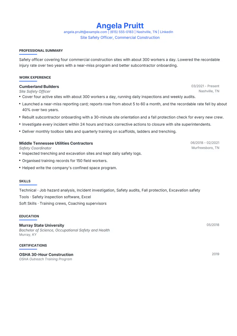 Safety Officer resume template sample in Leslie, page 1: fictional Site Safety Officer, Commercial Construction