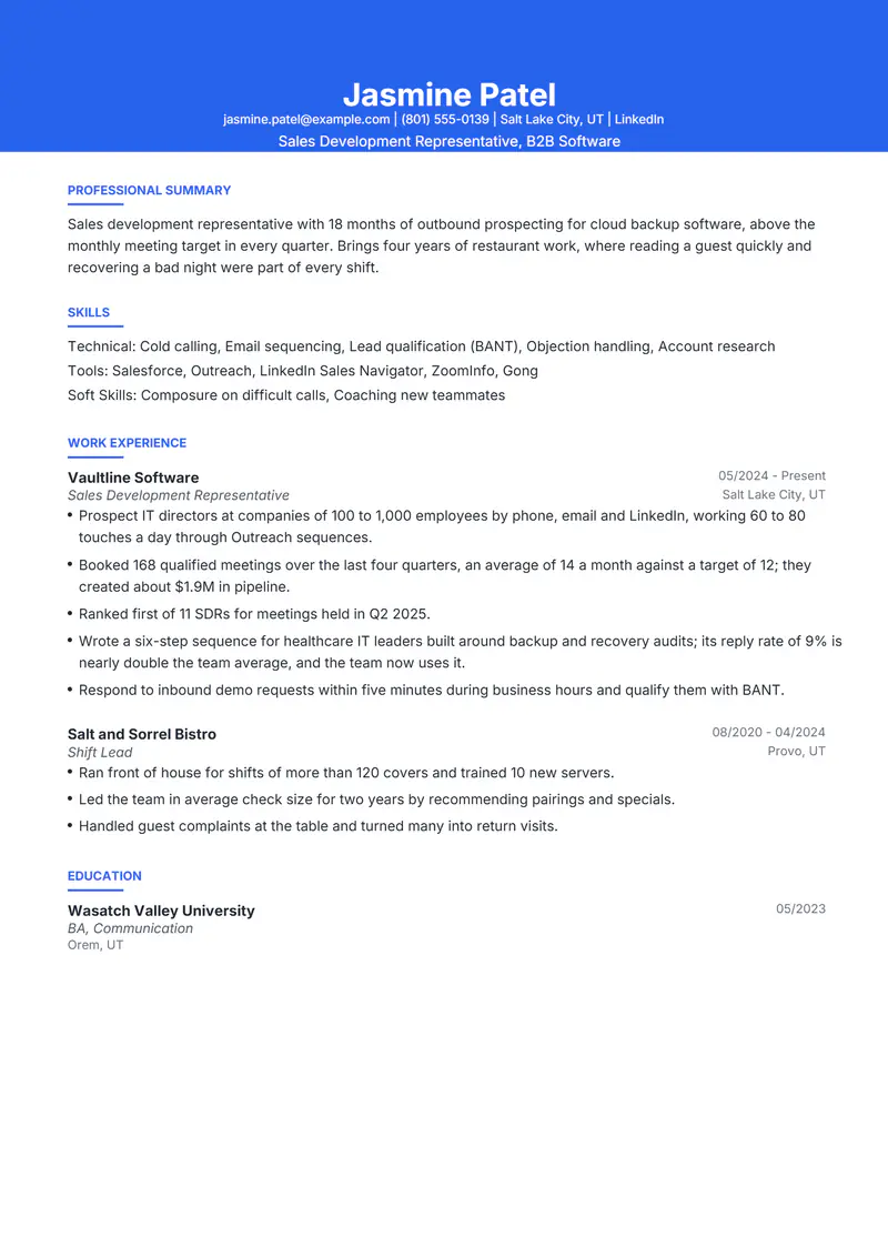 Sales Development Representative resume template sample in Olivia, page 1: fictional Sales Development Representative, B2B Software
