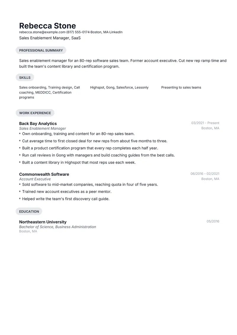 Sales Enablement Manager resume template sample in Daniel, page 1: fictional Sales Enablement Manager, SaaS
