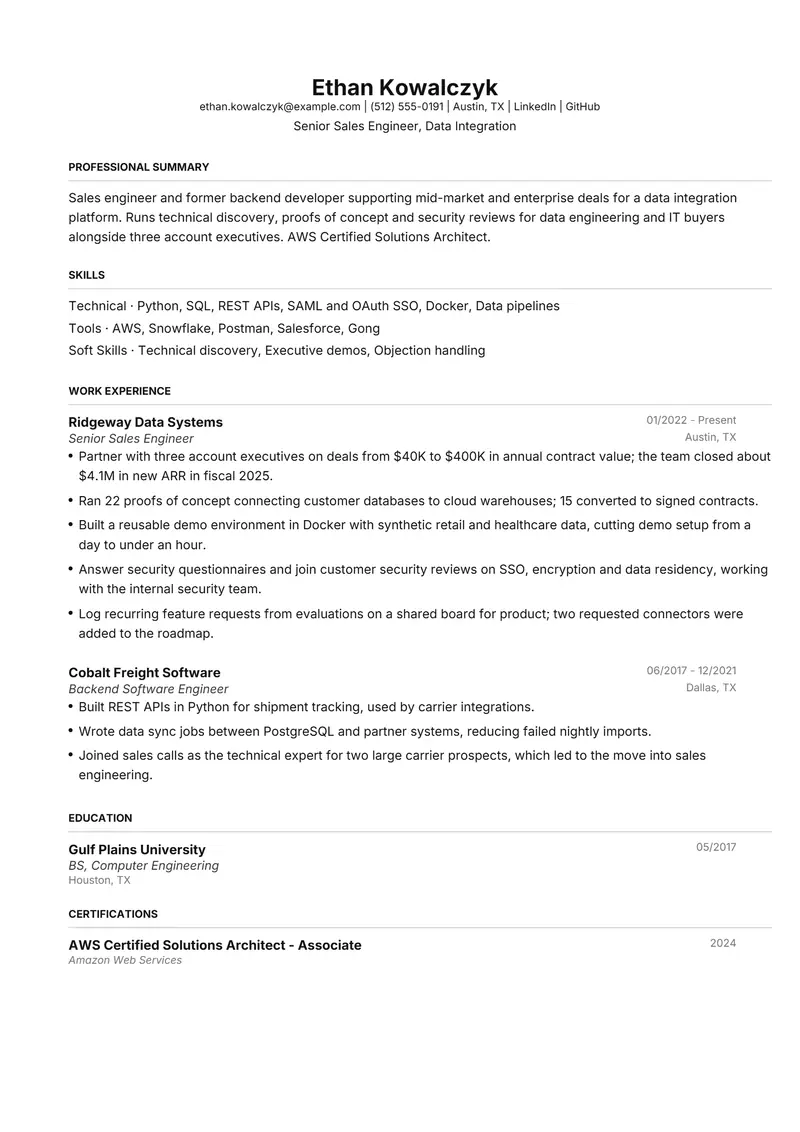 Sales Engineer resume template sample in FAANGPath, page 1: fictional Senior Sales Engineer, Data Integration