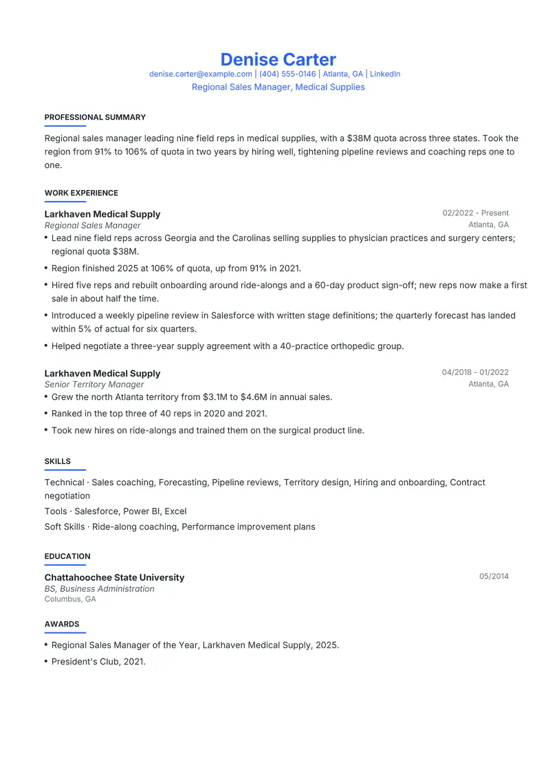 Sales Manager resume template sample in Leslie, page 1: fictional Regional Sales Manager, Medical Supplies