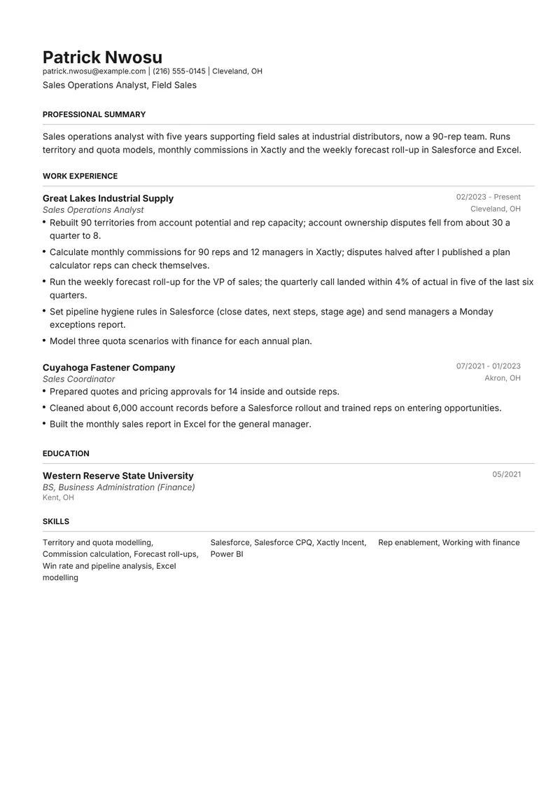 Sales Operations Analyst resume template sample in Henrietta, page 1: fictional Sales Operations Analyst, Field Sales