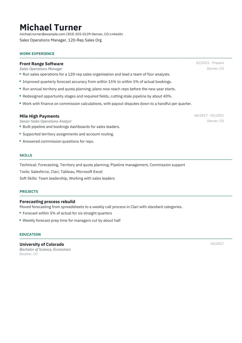 Sales Operations Manager resume template sample in Catalyst, page 1: fictional Sales Operations Manager, 120-Rep Sales Org
