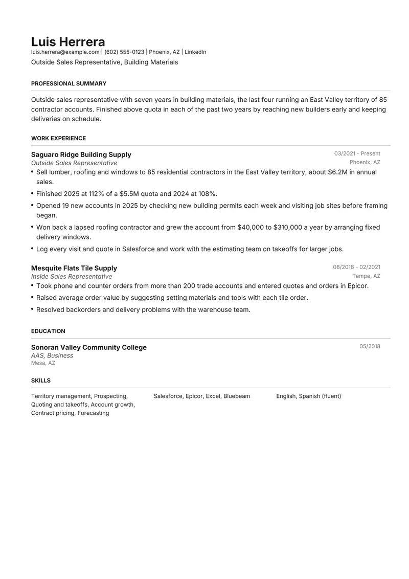 Sales Representative resume template sample in Henrietta, page 1: fictional Outside Sales Representative, Building Materials