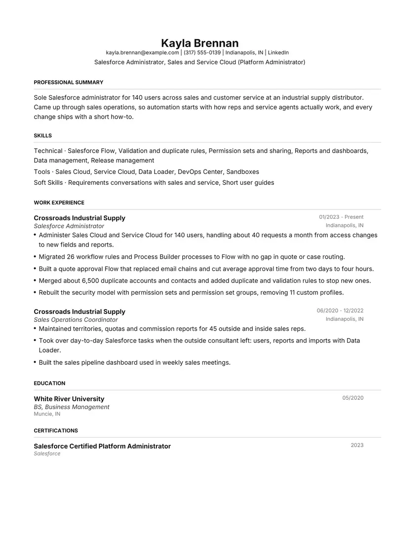 Salesforce Administrator resume template sample in FAANGPath, page 1: fictional Salesforce Administrator, Sales and Service Cloud (Platform Administrator)