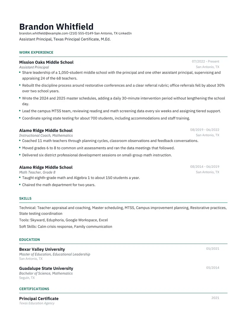 School Administrator resume template sample in Catalyst, page 1: fictional Assistant Principal, Texas Principal Certificate, M.Ed.