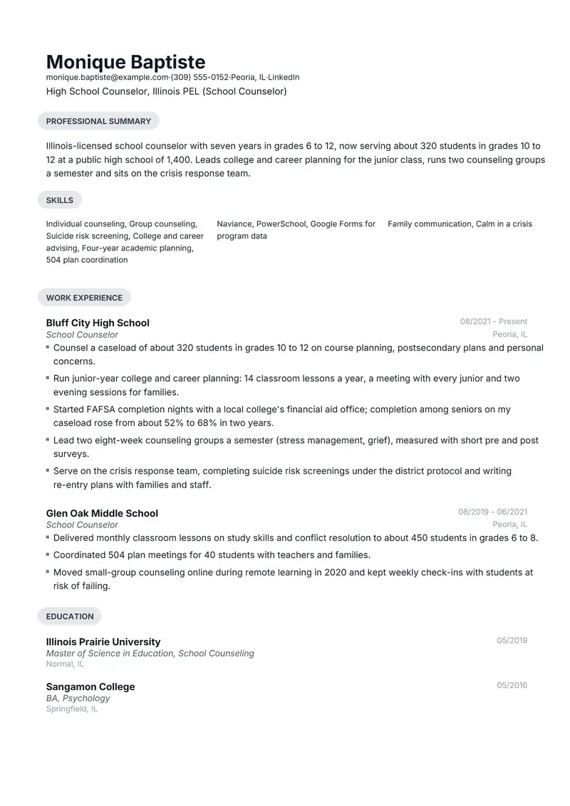 School Counselor resume template sample in Daniel, page 1: fictional High School Counselor, Illinois PEL (School Counselor)
