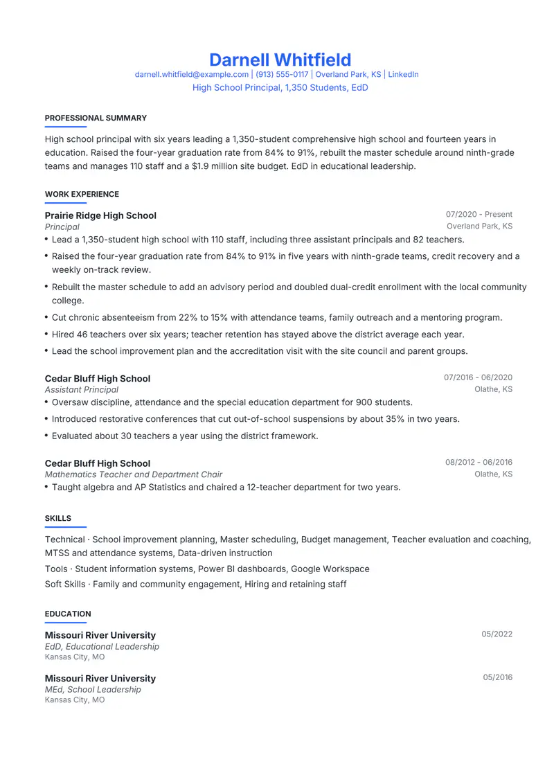 School Principal resume template sample in Leslie, page 1: fictional High School Principal, 1,350 Students, EdD