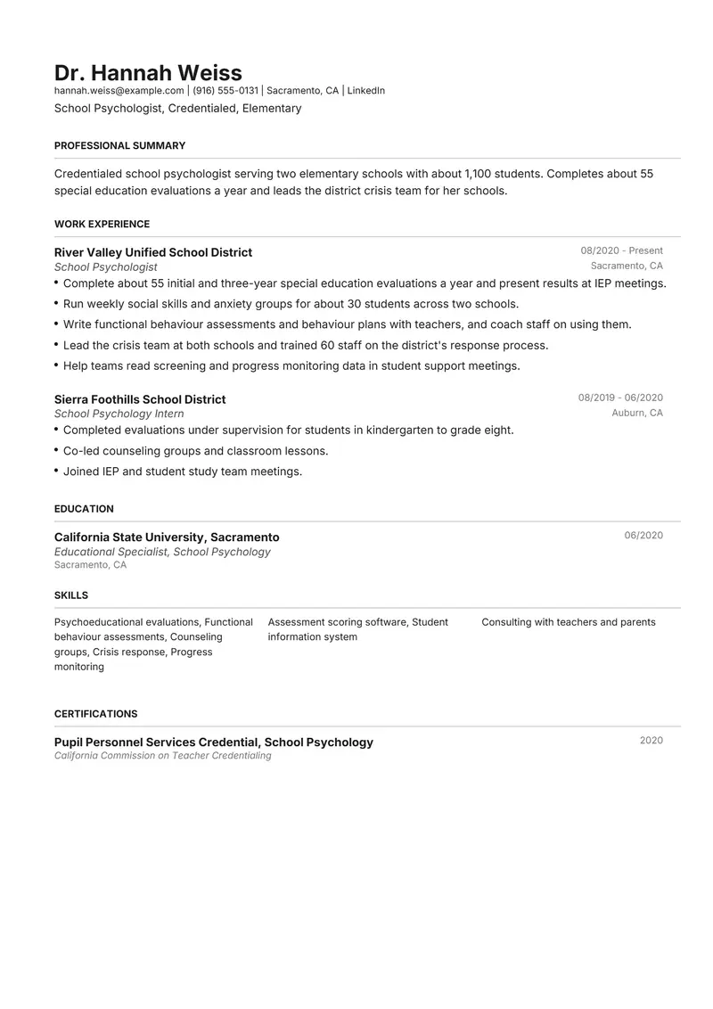 School Psychologist resume template sample in Henrietta, page 1: fictional School Psychologist, Credentialed, Elementary