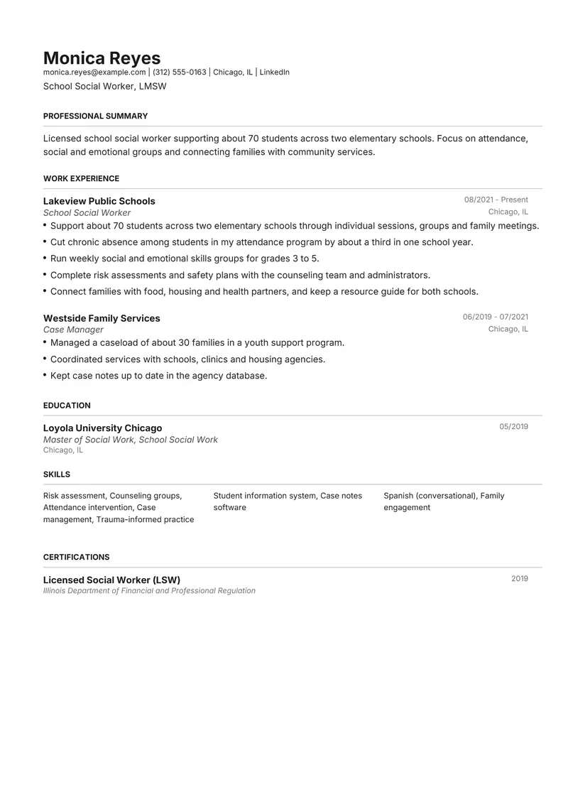 School Social Worker resume template sample in Henrietta, page 1: fictional School Social Worker, LMSW