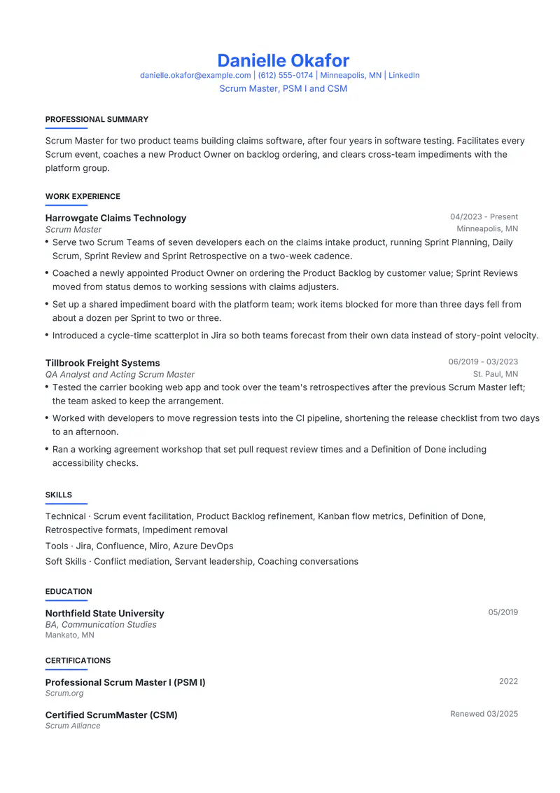 Scrum Master resume template sample in Leslie, page 1: fictional Scrum Master, PSM I and CSM