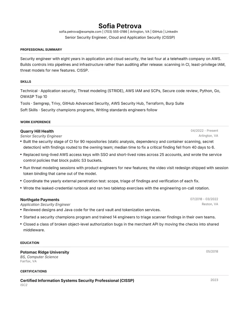 Security Engineer resume template sample in FAANGPath, page 1: fictional Senior Security Engineer, Cloud and Application Security (CISSP)
