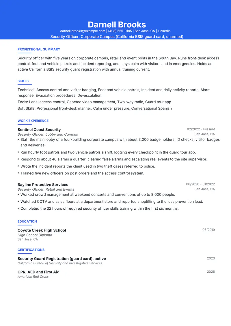 Security Guard resume template sample in Olivia, page 1: fictional Security Officer, Corporate Campus (California BSIS guard card, unarmed)