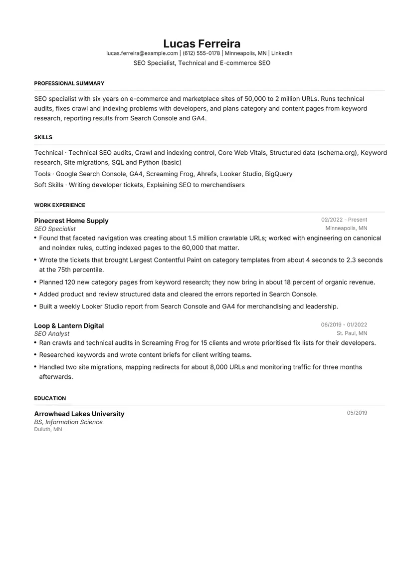 SEO Specialist resume template sample in FAANGPath, page 1: fictional SEO Specialist, Technical and E-commerce SEO