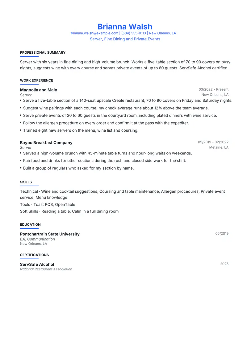 Server resume template sample in Leslie, page 1: fictional Server, Fine Dining and Private Events