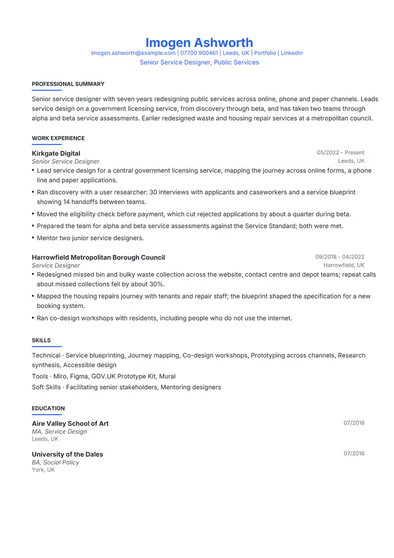 Service Designer resume template sample in Leslie, page 1: fictional Senior Service Designer, Public Services