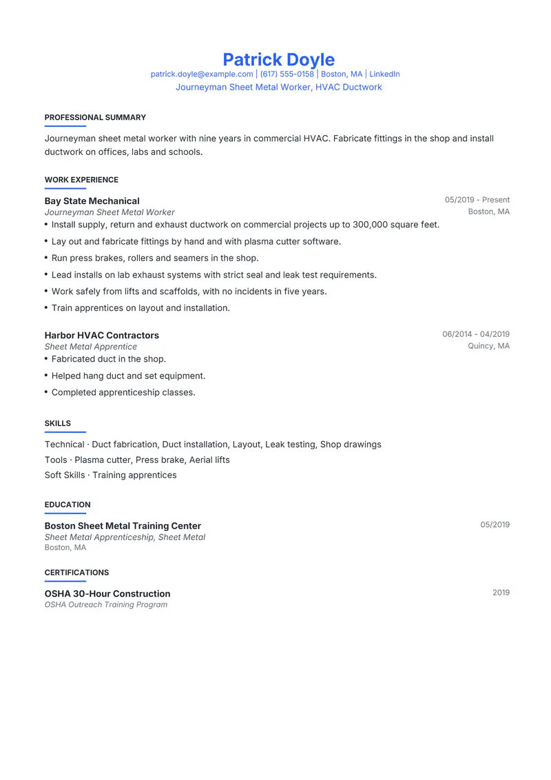 Sheet Metal Worker resume template sample in Leslie, page 1: fictional Journeyman Sheet Metal Worker, HVAC Ductwork