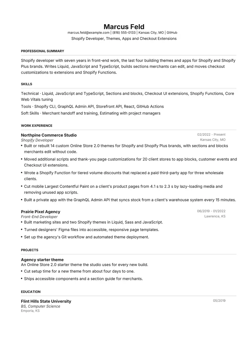 Shopify Developer resume template sample in FAANGPath, page 1: fictional Shopify Developer, Themes, Apps and Checkout Extensions