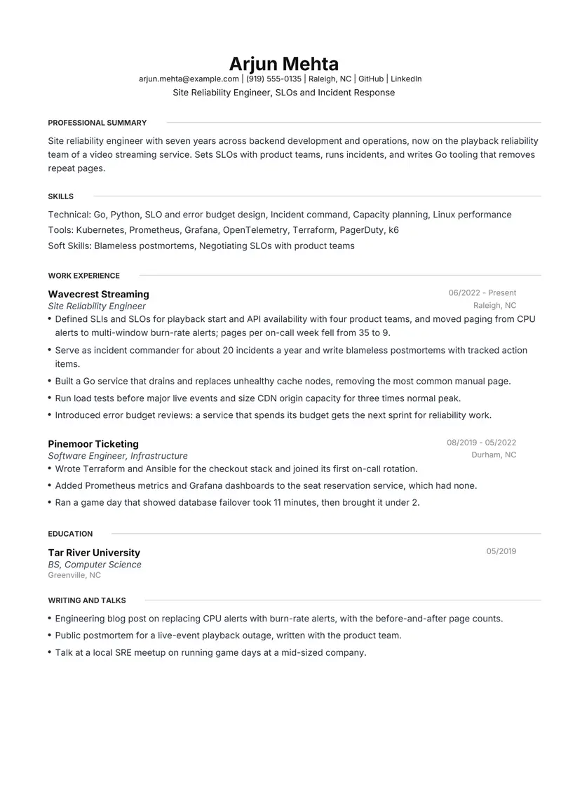 Site Reliability Engineer resume template sample in Meridian, page 1: fictional Site Reliability Engineer, SLOs and Incident Response