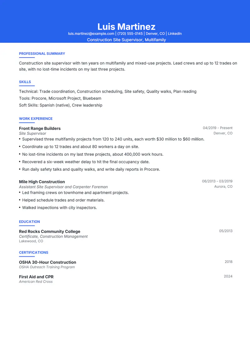 Site Supervisor resume template sample in Olivia, page 1: fictional Construction Site Supervisor, Multifamily