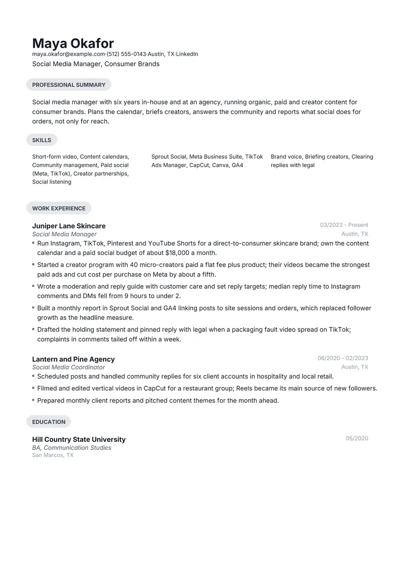 Social Media Manager resume template sample in Daniel, page 1: fictional Social Media Manager, Consumer Brands