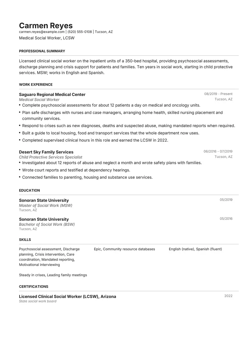 Social Worker resume template sample in Henrietta, page 1: fictional Medical Social Worker, LCSW
