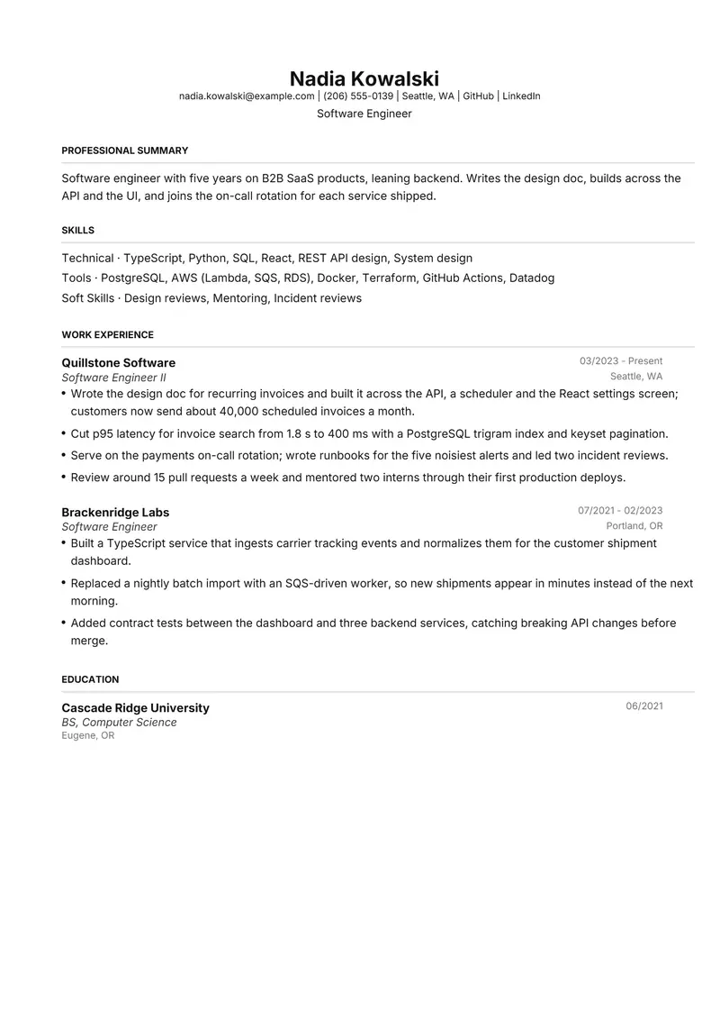 Software Engineer resume template sample in FAANGPath, page 1: fictional Software Engineer