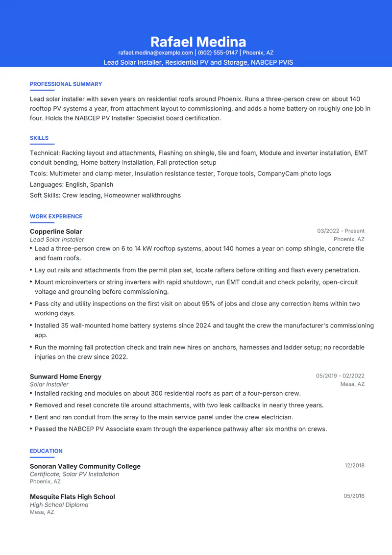 Solar Installer resume template sample in Olivia, page 1: fictional Lead Solar Installer, Residential PV and Storage, NABCEP PVIS