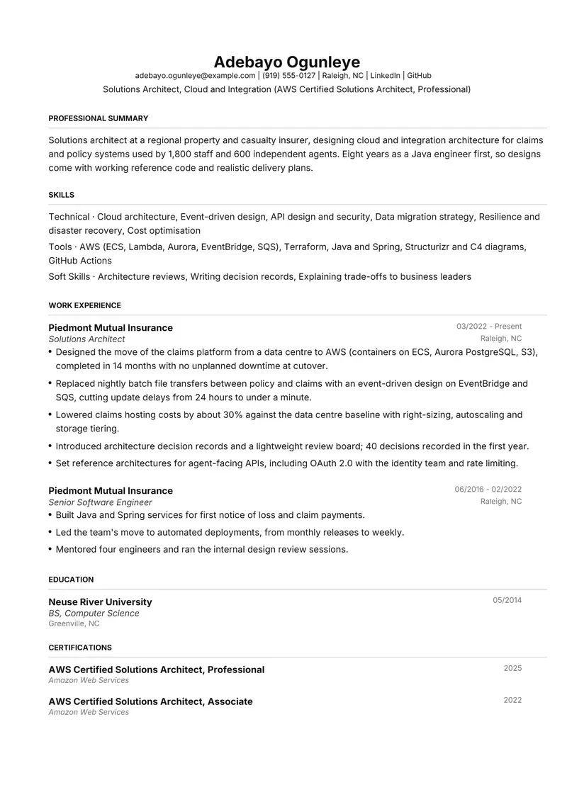 Solutions Architect resume template sample in FAANGPath, page 1: fictional Solutions Architect, Cloud and Integration (AWS Certified Solutions Architect, Professional)
