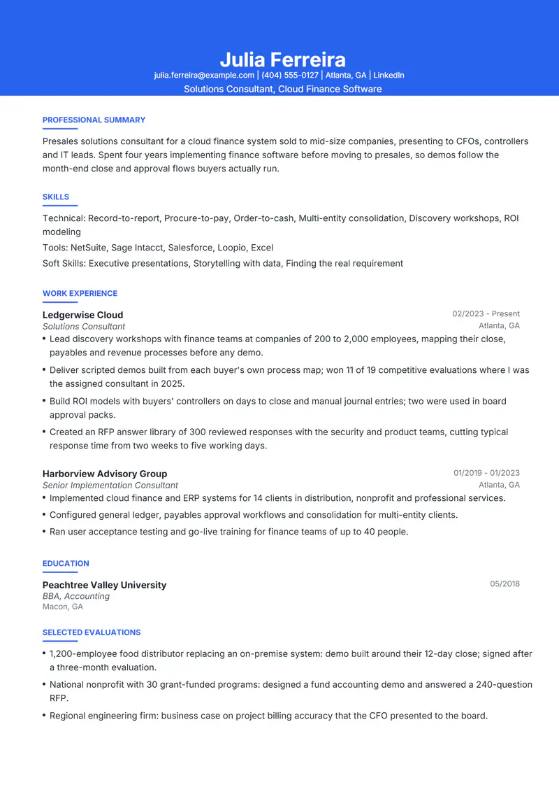 Solutions Consultant resume template sample in Olivia, page 1: fictional Solutions Consultant, Cloud Finance Software