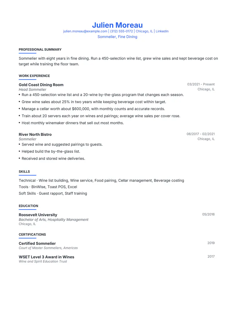 Sommelier resume template sample in Leslie, page 1: fictional Sommelier, Fine Dining