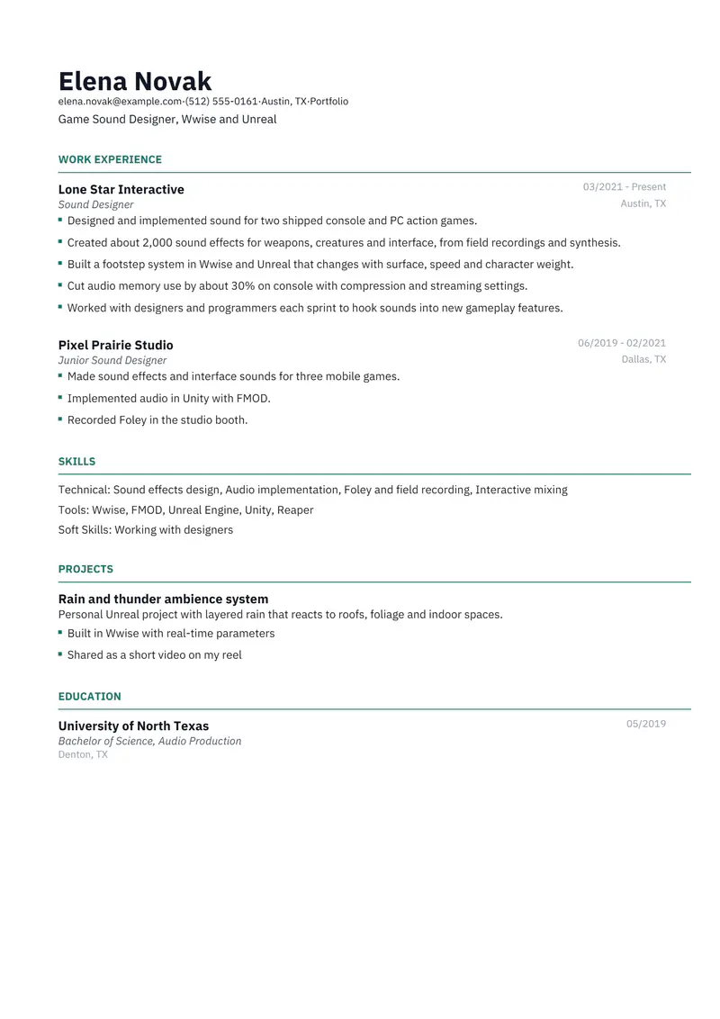 Sound Designer resume template sample in Catalyst, page 1: fictional Game Sound Designer, Wwise and Unreal