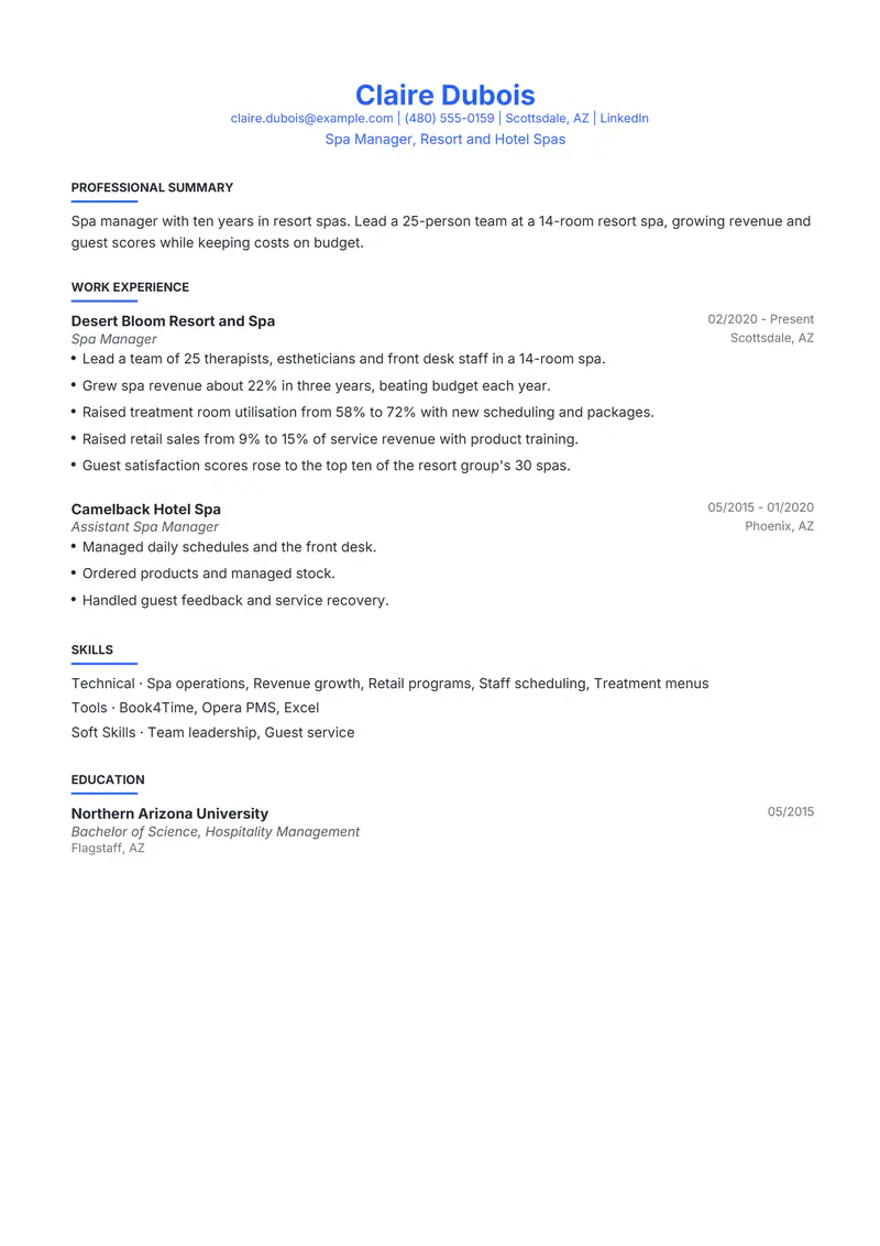 Spa Manager resume template sample in Leslie, page 1: fictional Spa Manager, Resort and Hotel Spas