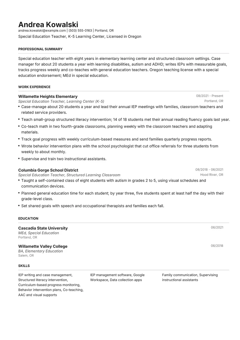 Special Education Teacher resume template sample in Henrietta, page 1: fictional Special Education Teacher, K-5 Learning Center, Licensed in Oregon