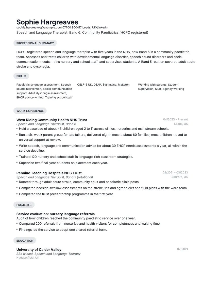 Speech Language Therapist resume template sample in Daniel, page 1: fictional Speech and Language Therapist, Band 6, Community Paediatrics (HCPC registered)
