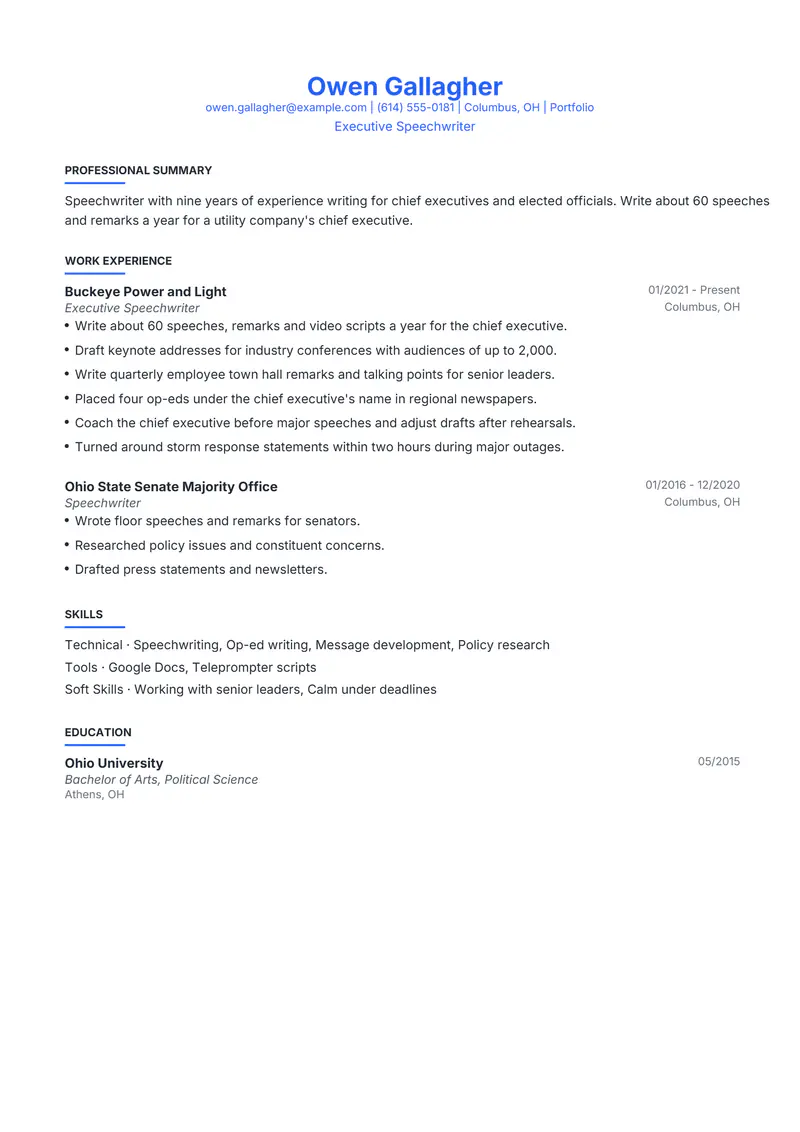 Speechwriter resume template sample in Leslie, page 1: fictional Executive Speechwriter