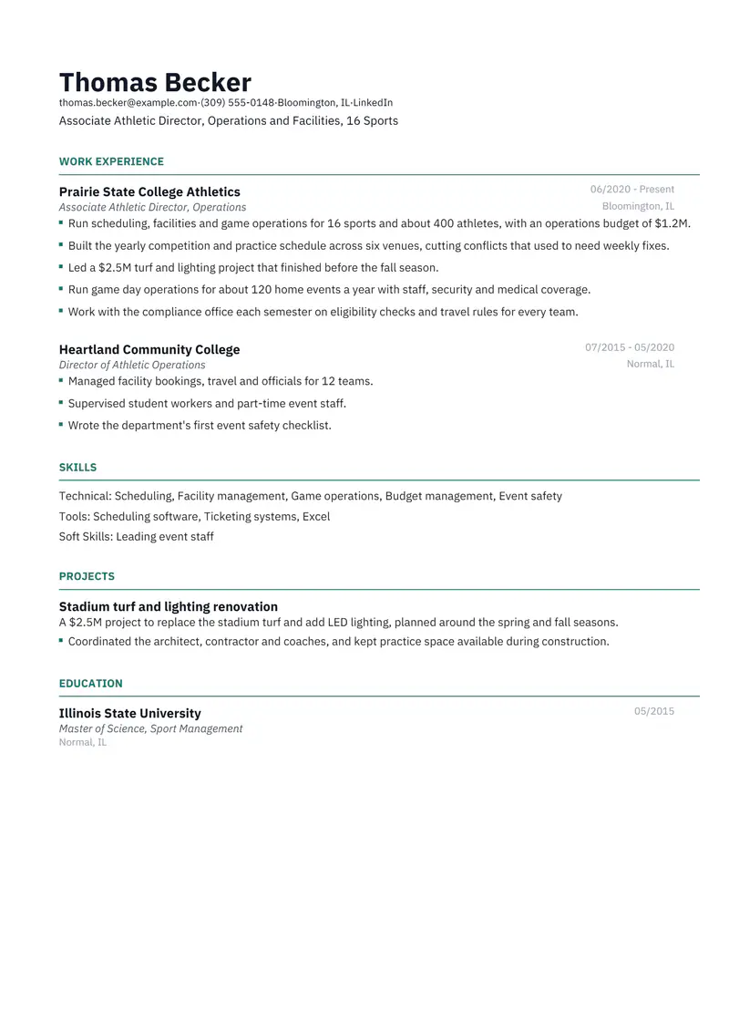 Sports Administrator resume template sample in Catalyst, page 1: fictional Associate Athletic Director, Operations and Facilities, 16 Sports