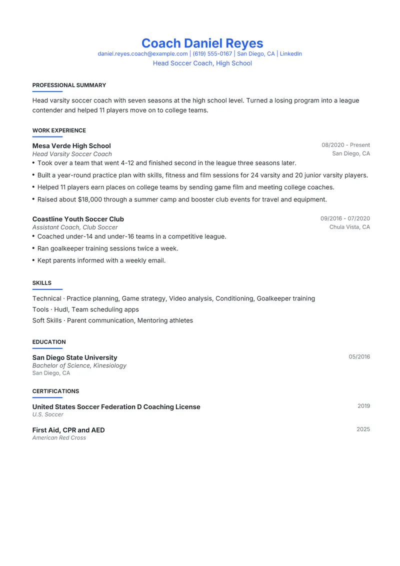 Sports Coach resume template sample in Leslie, page 1: fictional Head Soccer Coach, High School