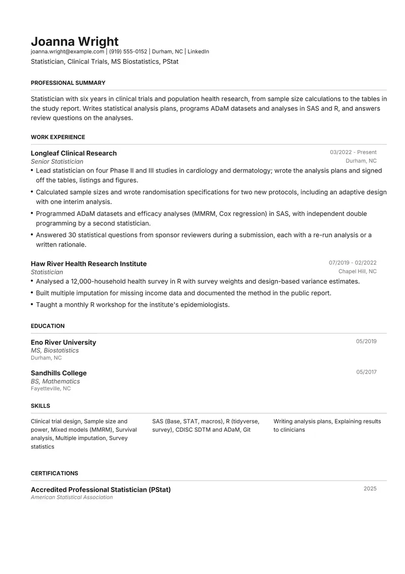 Statistician resume template sample in Henrietta, page 1: fictional Statistician, Clinical Trials, MS Biostatistics, PStat