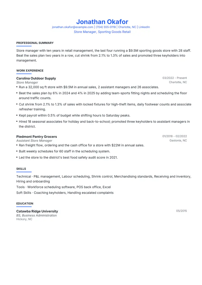 Store Manager resume template sample in Leslie, page 1: fictional Store Manager, Sporting Goods Retail
